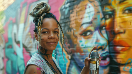 The picture of the graffiti artist is spraying the painting on wall with colourful colours, the graffiti artist require skill like painting technique, creativity, colour theory and experience. AIG43.の素材