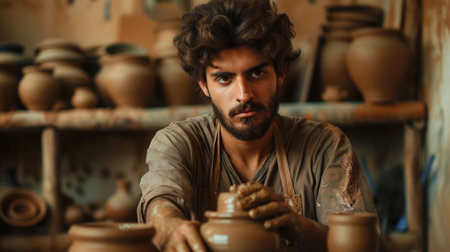 The picture of the professional potter working inside the workshop about molding the clay into the pot, the potter require skills like accuracy, experience, training and attention to detail. AIG43.の素材