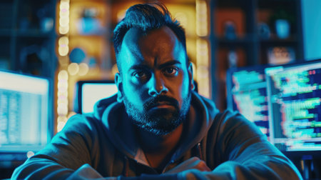 The picture of the software developer or programmer working with the computer and data inside the dark room with monitor, the developer require skills like problem solving and program language. AIG43.の素材