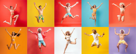Summer people collection set, diverse people jumping on colorful background, many people funny jump wearing summer outfit fashion ready for swim and summer activity, summertime, beachwear AIG48の素材