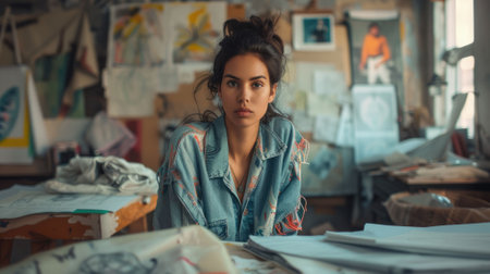 The picture of the fashion designer in the studio that has been filled with paper of drawing on wall of the room, the designer require skills like fabric knowledge, creativity, fashion trends. AIG43.の素材