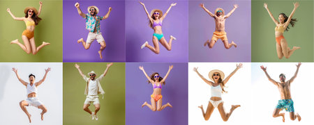 Summer people collection set, diverse people jumping on colorful background, many people funny jump wearing summer outfit fashion ready for swim and summer activity, summertime, beachwear AIG48の素材