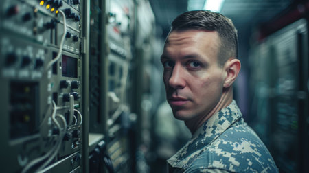 The picture of the military officer is working as technician to maintenance the server of the classified information, technician requires knowledge of the technical electrical and mechanical. AIG43.の素材