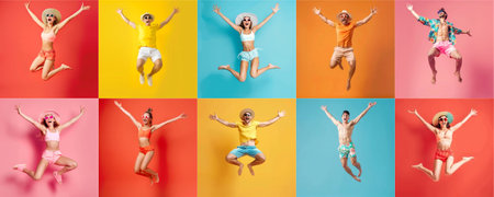 Summer people collection set, diverse people jumping on colorful background, many people funny jump wearing summer outfit fashion ready for swim and summer activity, summertime, beachwear AIG48の素材