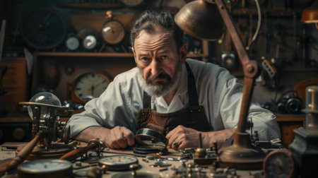 The picture of the adult professional watchmaker working inside workshop that has been filled with various kind of clock and watch, watchmaker need to use concentration and accuracy fix clock. AIG43.の素材