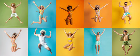 Summer people collection set, diverse people jumping on colorful background, many people funny jump wearing summer outfit fashion ready for swim and summer activity, summertime, beachwear AIG48の素材