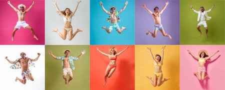 Summer people collection set, diverse people jumping on colorful background, many people funny jump wearing summer outfit fashion ready for swim and summer activity, summertime, beachwear AIG48の素材