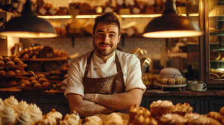 The picture of the baker of the bakery looking at the camera and wearing the apron also work inside the baker that make the various kind of the bread and sweet yet need much experience to work. AIG43.の素材