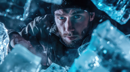 The picture of the ice sculptor holding the tool and equipment for carving the ice block or ice statue in the winter, the ice sculptor require experience in modeling the ice and precision tool. AIG43.の素材