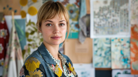 The picture of the caucasian female is working as professional interior designer in the office that has been filled with sample, the interior designer require skill like creative and technique. AIG43.の素材