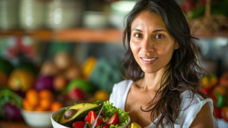 The picture of the female nutritionist is holding the basket of fruit and vegetable to preparing to making the salad, the nutritionist require skill like food knowledge and health education. AIG43.の素材