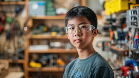 The picture of the east asian male teenager that wearing the safety goggle inside workshop about robot or technology, the robotics engineer require skill electrical and mechanical engineering. AIG43.の素材