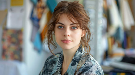 The picture of the caucasian female is working as professional interior designer in the office that has been filled with sample, the interior designer require skill like creative and technique. AIG43.の素材