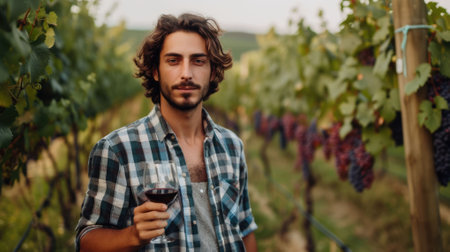 The picture of the winemaker is holding the wineglass that has been filled with wine inside the grape yard garden, the wine making job require experience and the knowledge about grape and wine. AIG43.の素材