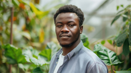 The picture of the african american male young entrepreneur is standing inside greenhouse, the entrepreneur require skill like creativity, leadership, financial management, sales and marketing. AIG43.の素材