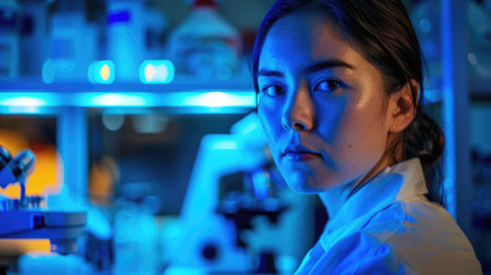 The picture of the forensic or genetic scientist concentrated in working inside the laboratory about chemistry and biology that analyze the evidence from the crime scene and the investigation. AIG43.の素材