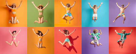 Summer people collection set, diverse people jumping on colorful background, many people funny jump wearing summer outfit fashion ready for swim and summer activity, summertime, beachwear AIG48の素材