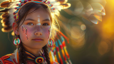 The close up picture of the native american teenage is wearing the costume of traditional dancer with blur background, the traditional dancer require cultural knowledge and dancing technique. AIG43.の素材