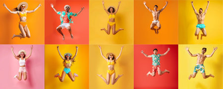 Summer people collection set, diverse people jumping on colorful background, many people funny jump wearing summer outfit fashion ready for swim and summer activity, summertime, beachwear AIG48の素材