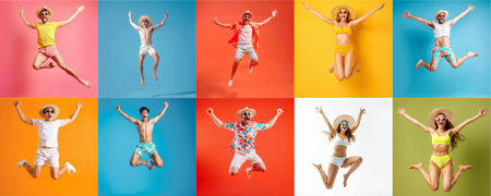 Summer people collection set, diverse people jumping on colorful background, many people funny jump wearing summer outfit fashion ready for swim and summer activity, summertime, beachwear AIG48の素材