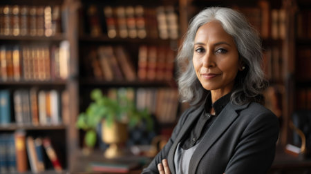 The picture of the senior indian female lawyer working inside room filled with the books or library, the lawyer require skill like law expert and knowledge, experience and negotiation skill. AIG43.の素材