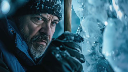 The picture of the ice sculptor holding the tool and equipment for carving the ice block or ice statue in the winter, the ice sculptor require experience in modeling the ice and precision tool. AIG43.の素材