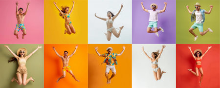 Summer people collection set, diverse people jumping on colorful background, many people funny jump wearing summer outfit fashion ready for swim and summer activity, summertime, beachwear AIG48の素材