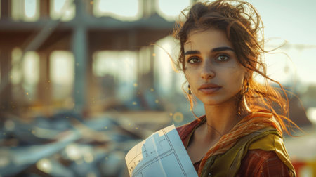 The picture of the middle east female architect is holding the blueprint and planing for construction, the architect require skill like experience, creative, technical knowledge and management. AIG43.の素材