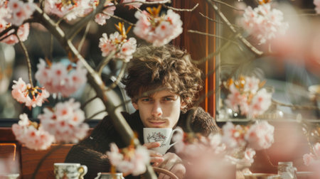 The picture of the person enjoying to sipping the coffee or tea at the outdoor cafe, surrounded with the flower of the spring season with cozy atmosphere and has been filled with the enjoyment. AIG43.の素材