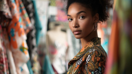 The picture of the dress designer in the studio that has been filled with many the colourful dress on the model, the designer require skills like fabric knowledge, creativity, fashion trends. AIG43.の素材