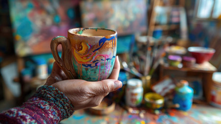 The close up picture of the artist is holding the cup of the coffee that has been decorated with colourful colour inside the colourful studio that surround by the art tools in blur background. AIG43.の素材