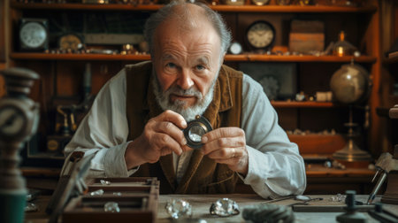 The picture of professional jeweler working inside workshop about appraisal the jewel, the jeweler require skills like experience, gemstone identification, precision and attention to detail. AIG43.の素材