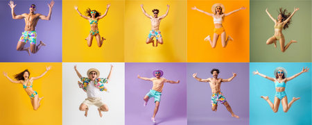 Summer people collection set, diverse people jumping on colorful background, many people funny jump wearing summer outfit fashion ready for swim and summer activity, summertime, beachwear AIG48の素材