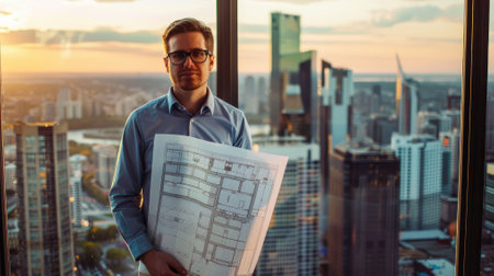 The picture of urban planner holding the blueprint that planning the city to create, the city designer or urban planner require architecture knowledge, planning, communication and management. AIG43.の素材