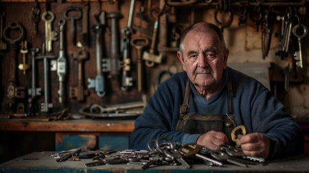 The picture of the locksmith working inside the workshop that has been filled with keys and work tools, the locksmith need the knowledge of the various type of lock and key to working this job. AIG43.の素材