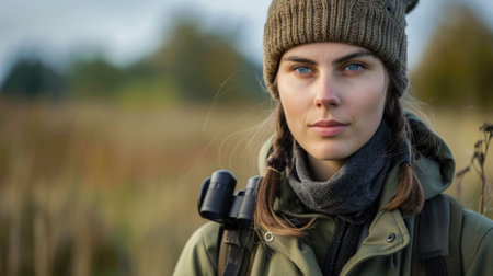 The close up picture of the caucasian or eastern european female is working as environment consultant with binocular, the environment consultant require skills environmental science knowledge. AIG43.の素材