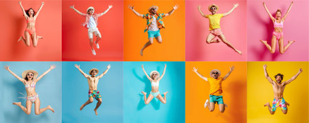 Summer people collection set, diverse people jumping on colorful background, many people funny jump wearing summer outfit fashion ready for swim and summer activity, summertime, beachwear AIG48の素材