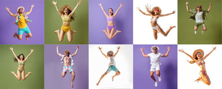 Summer people collection set, diverse people jumping on colorful background, many people funny jump wearing summer outfit fashion ready for swim and summer activity, summertime, beachwear AIG48の素材