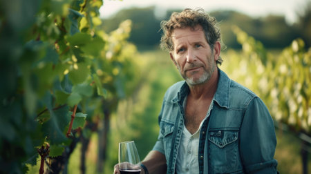 The picture of the winemaker is holding the wineglass that has been filled with wine inside the grape yard garden, the wine making job require experience and the knowledge about grape and wine. AIG43.の素材