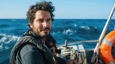 The picture of the marine biologist sitting on the boat or ship with the diving equipment floating on the ocean or sea, marine biologist require skills the knowledge of the marine ecosystems. AIG43.の素材