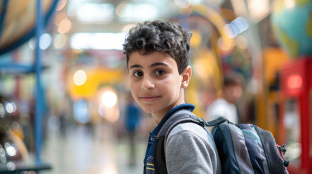 The picture of the middle eastern male child is traveling to the science museum or exhibition with curiosity to learning for education and research for the scientific information exploration. AIG43.の素材