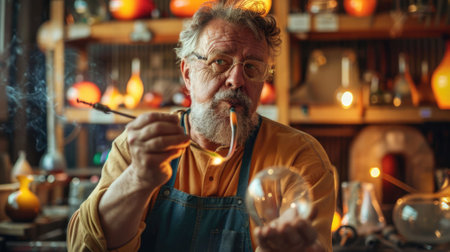 The picture of the glass blower that has been making the glass by heat up and reshape it inside the workshop, the glass blower require skills like shaping technique, experience and knowledge. AIG43.の素材