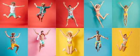 Summer people collection set, diverse people jumping on colorful background, many people funny jump wearing summer outfit fashion ready for swim and summer activity, summertime, beachwear AIG48の素材