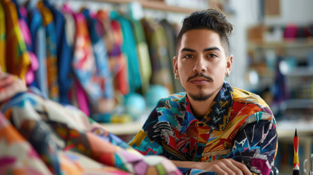 The picture of the hispanic male fashion designer working inside cloth workshop or studio that has been filled with various colorful cloth, the fashion designer require creative and detailed. AIG43.の素材