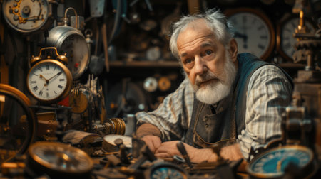 The picture of the adult professional watchmaker working inside workshop that has been filled with various kind of clock and watch, watchmaker need to use concentration and accuracy fix clock. AIG43.の素材