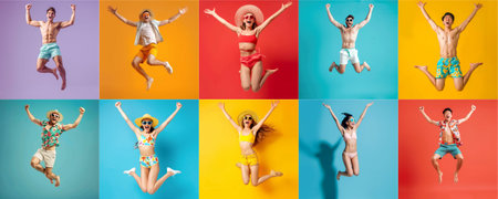Summer people collection set, diverse people jumping on colorful background, many people funny jump wearing summer outfit fashion ready for swim and summer activity, summertime, beachwear AIG48の素材