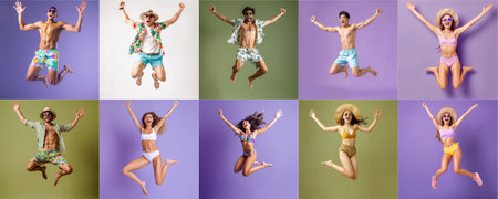 Summer people collection set, diverse people jumping on colorful background, many people funny jump wearing summer outfit fashion ready for swim and summer activity, summertime, beachwear AIG48の素材