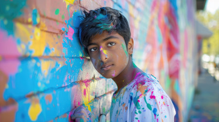 The picture of the young middle eastern young male is using the colour to paint everything around him, the painter require skill like the creativity, experience, colour theory and imagination. AIG43.の素材