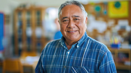 The close up picture of the hispanic teacher, educator or instructor sitting in classroom of school, the educator require skills like classroom management, lesson planning and teaching skill. AIG43.の素材