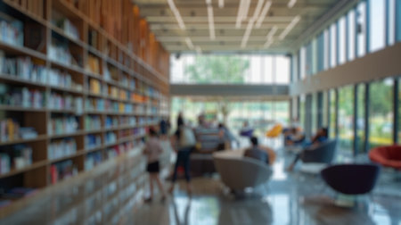Blur background of circular library with wooden shelves and ambient lighting. Architectural interior photography. Modern design and education concept. Design for architectural magazines. Spate.の写真素材